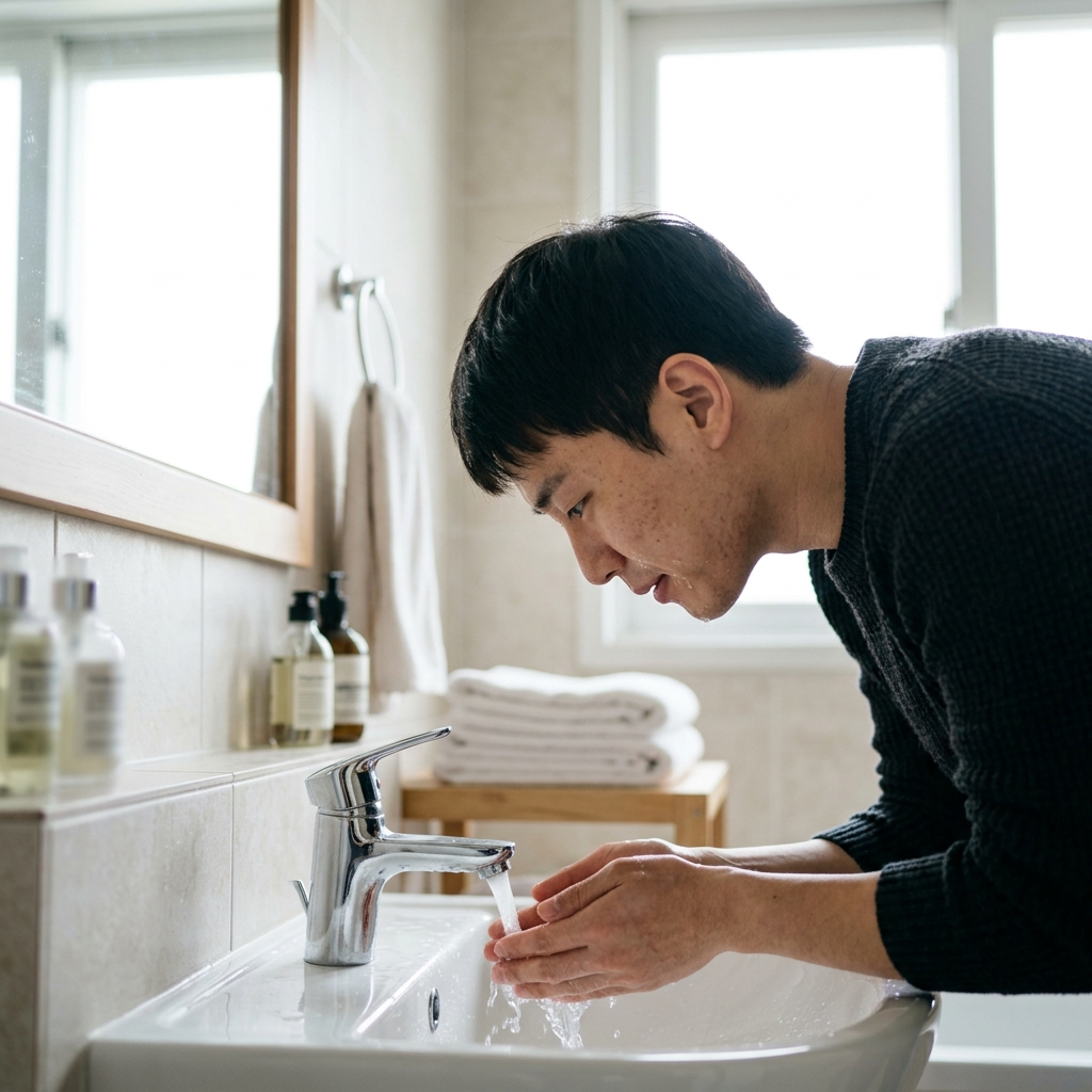 세면대에서 흐르는 물에 얼굴을 씻는 20대 성인의 모습, 밝은 욕실 배경