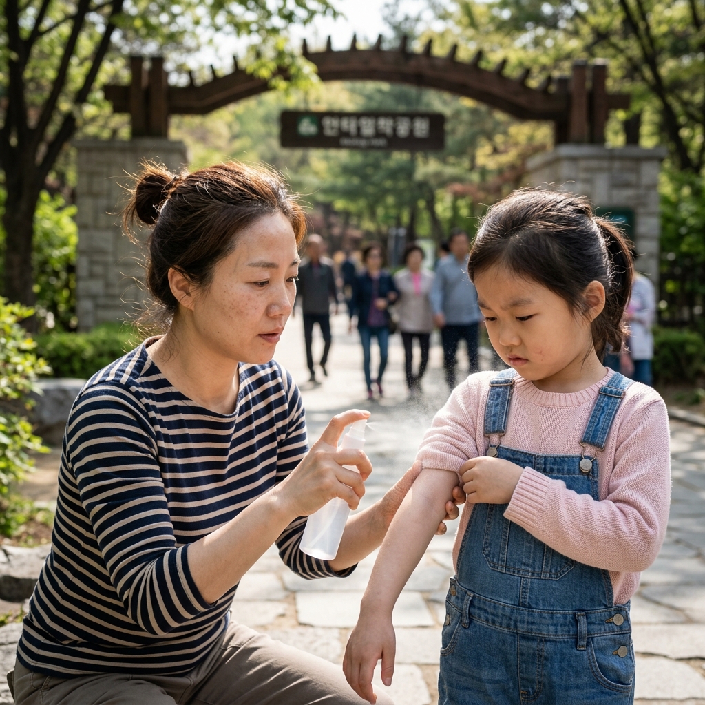 40대 중년 여성이 야외 공원 입구에서 어린 자녀의 팔에 투명한 스프레이형 기피제를 분사하고 있는 모습, 오전 자연광, 긴소매 얇은 옷 착용, 한국인