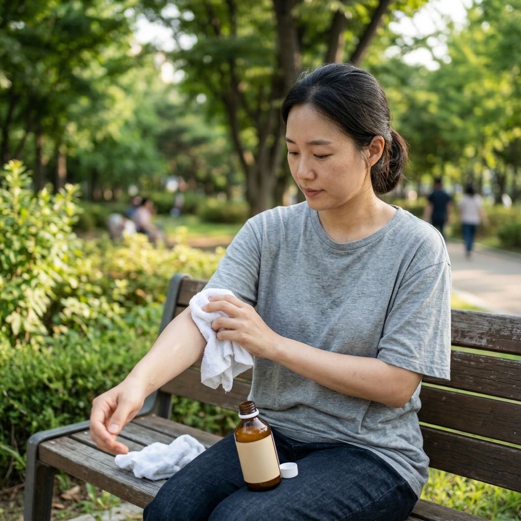30대 여성이 야외 벤치에 앉아 수건으로 팔의 땀을 닦은 뒤 작은 휴대용 기피제 용기를 손에 들고 있는 장면, 여름 오후 자연광, 반소매 티셔츠, 한국인