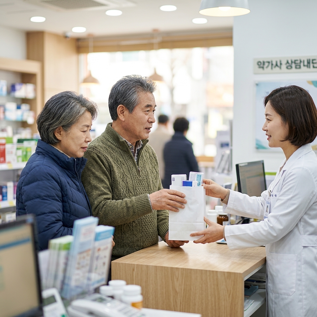 60대 중반 부모님이 약국 창구에서 약사와 대화하며 약 봉지를 받아드는 모습, 밝은 조명의 약국 실내