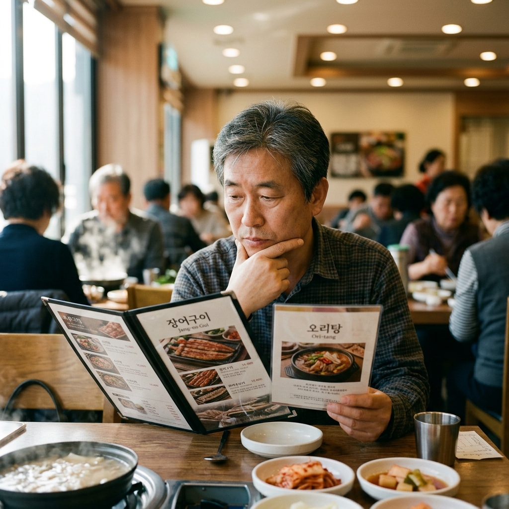50대 중반 남성이 식탁에서 장어구이와 오리탕 메뉴판을 비교하며 고민하는 모습