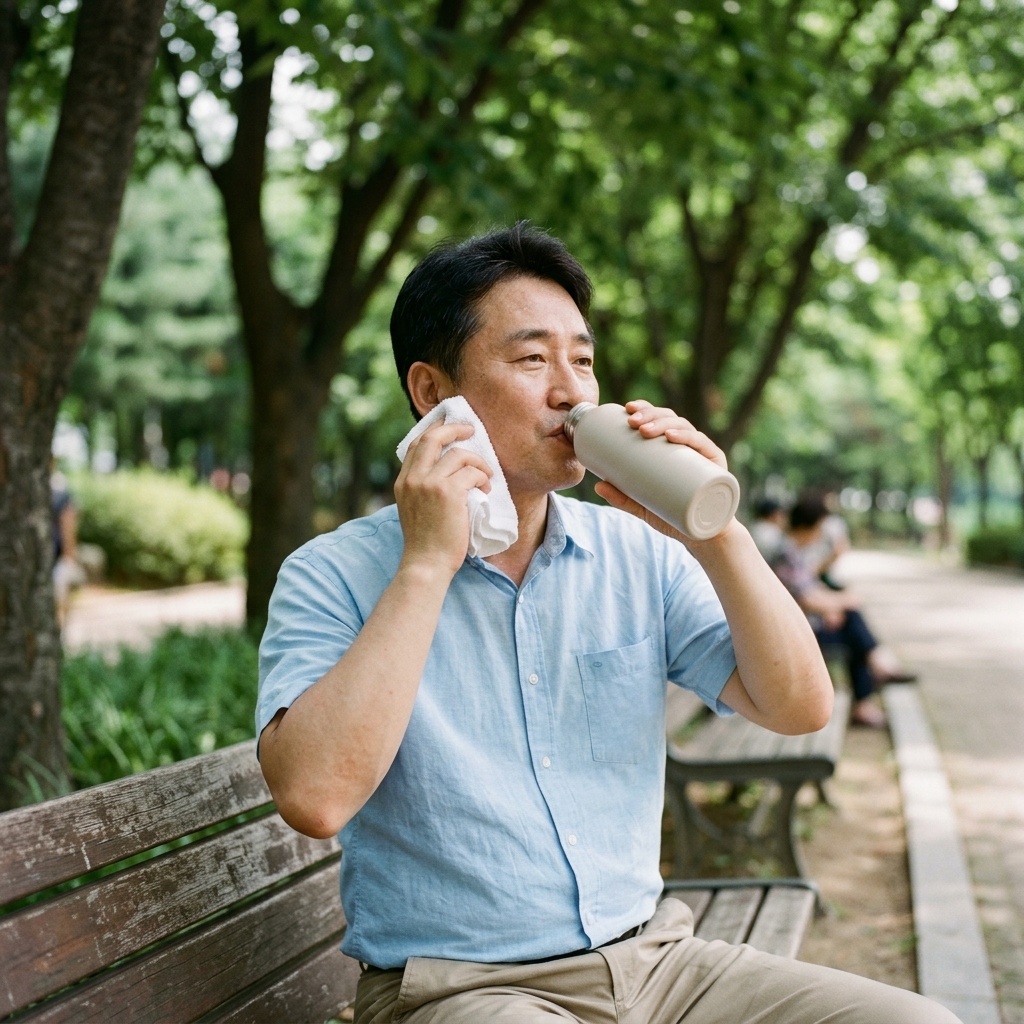 한여름 오후 그늘진 공원 벤치에 앉아 물을 마시며 휴식하는 중년 남성, 얇은 반팔 셔츠 차림, 땀을 닦는 모습