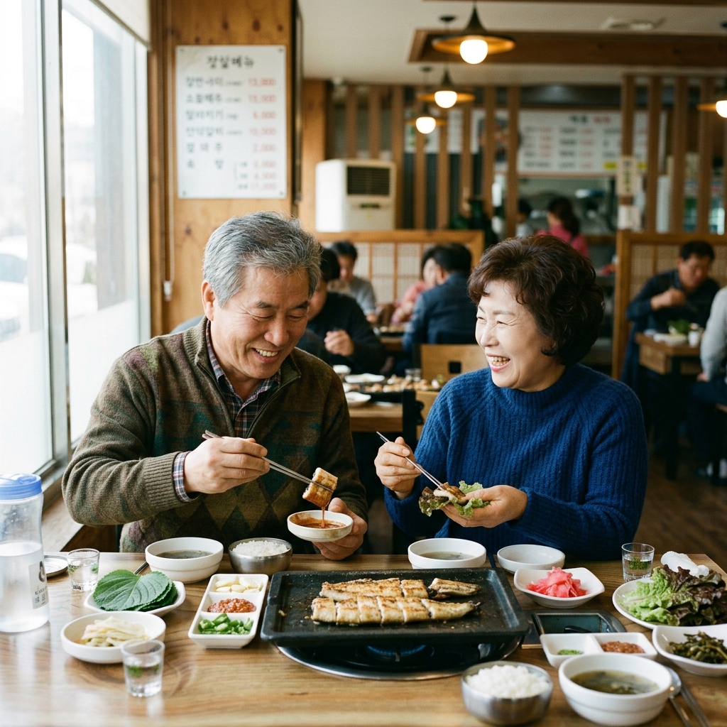 70대 부부가 식당에서 장어구이를 나눠 먹으며 대화하는 자연스러운 장면