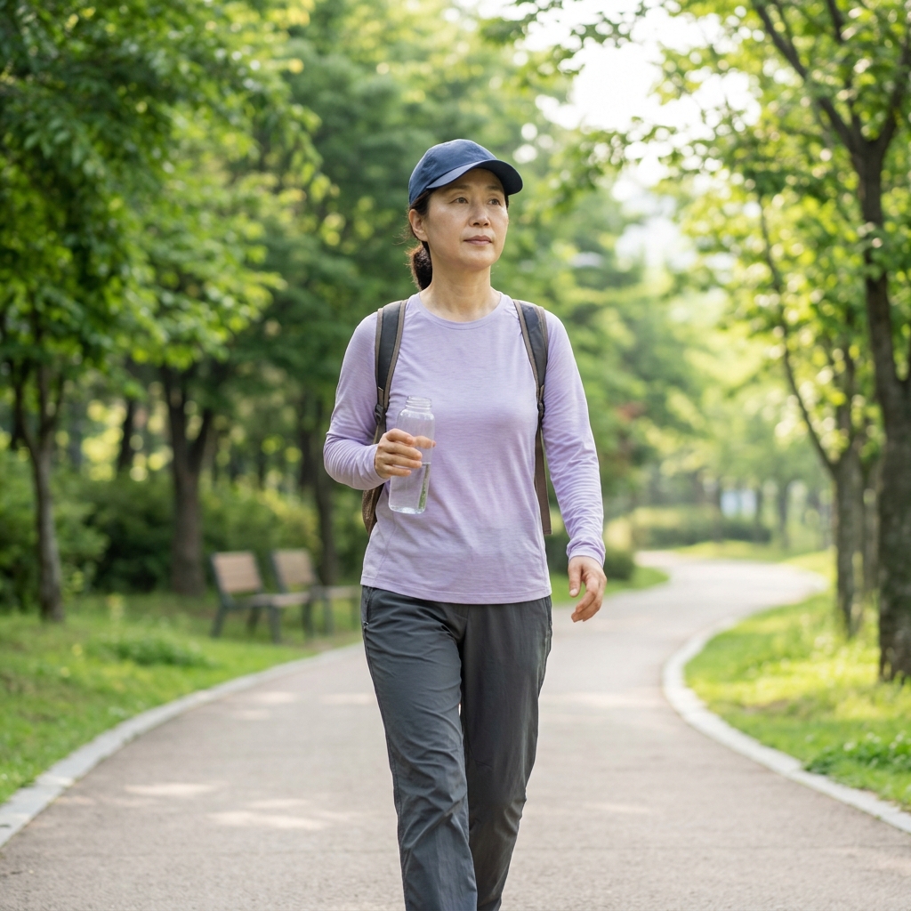 이른 아침 공원 산책로를 가볍게 걷는 중년 여성, 얇은 긴팔 셔츠와 모자 착용, 손에 물병을 든 모습