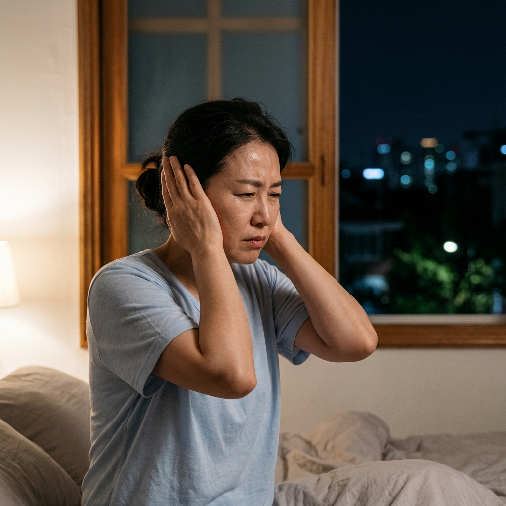 여름밤 침실 창가에서 귀를 막고 불편한 표정을 짓는 중년 여성, 얇은 반팔 잠옷 착용, 창밖으로 보이는 어두운 밤 배경