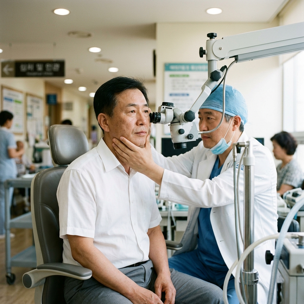 이비인후과 진료실에서 의료용 현미경 장비 앞에 앉아 귀 검사를 받는 중년 남성, 흰색 반팔 셔츠 착용