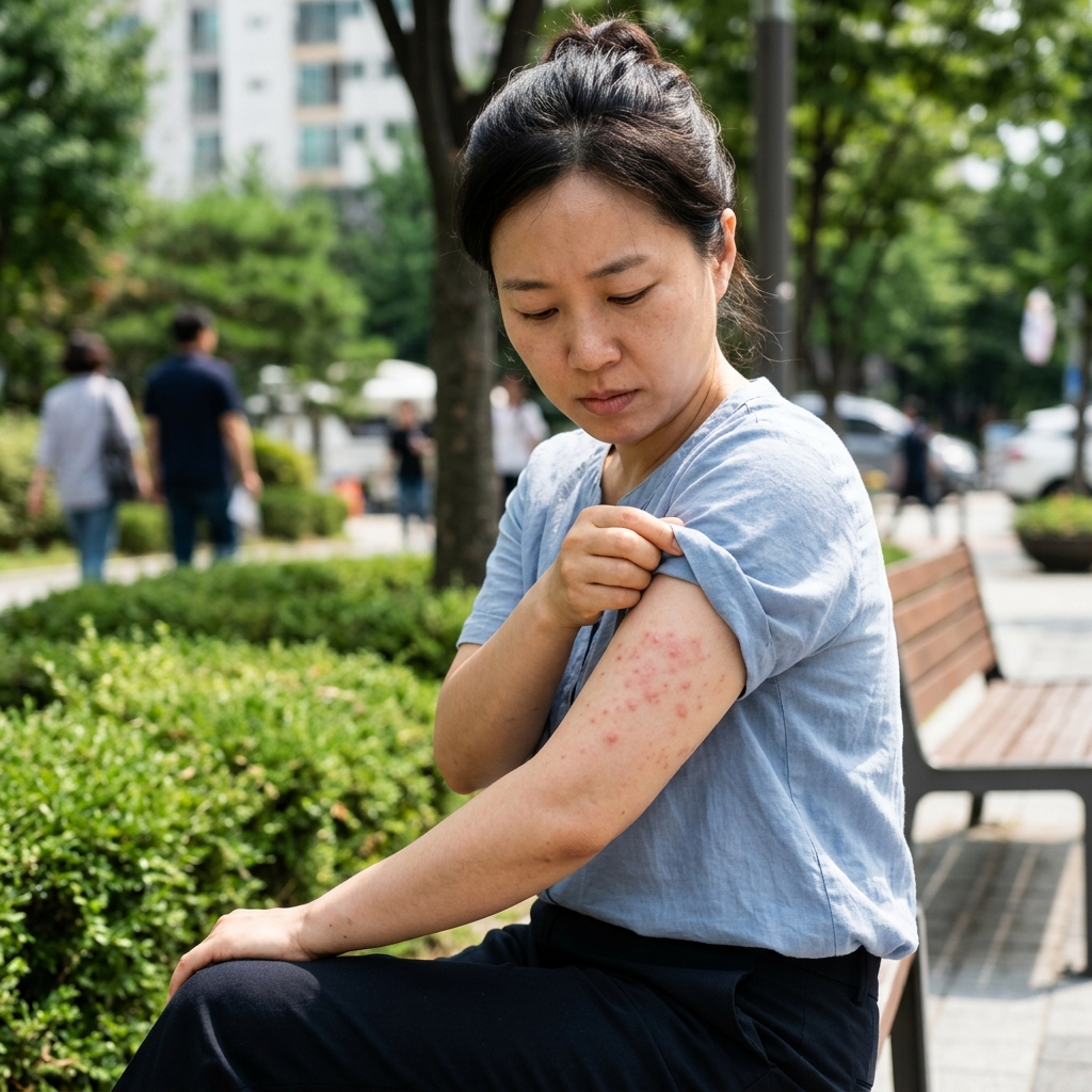 여름 햇살 아래 팔에 붉은 반점이 올라온 모습을 확인하는 한국인 성인
