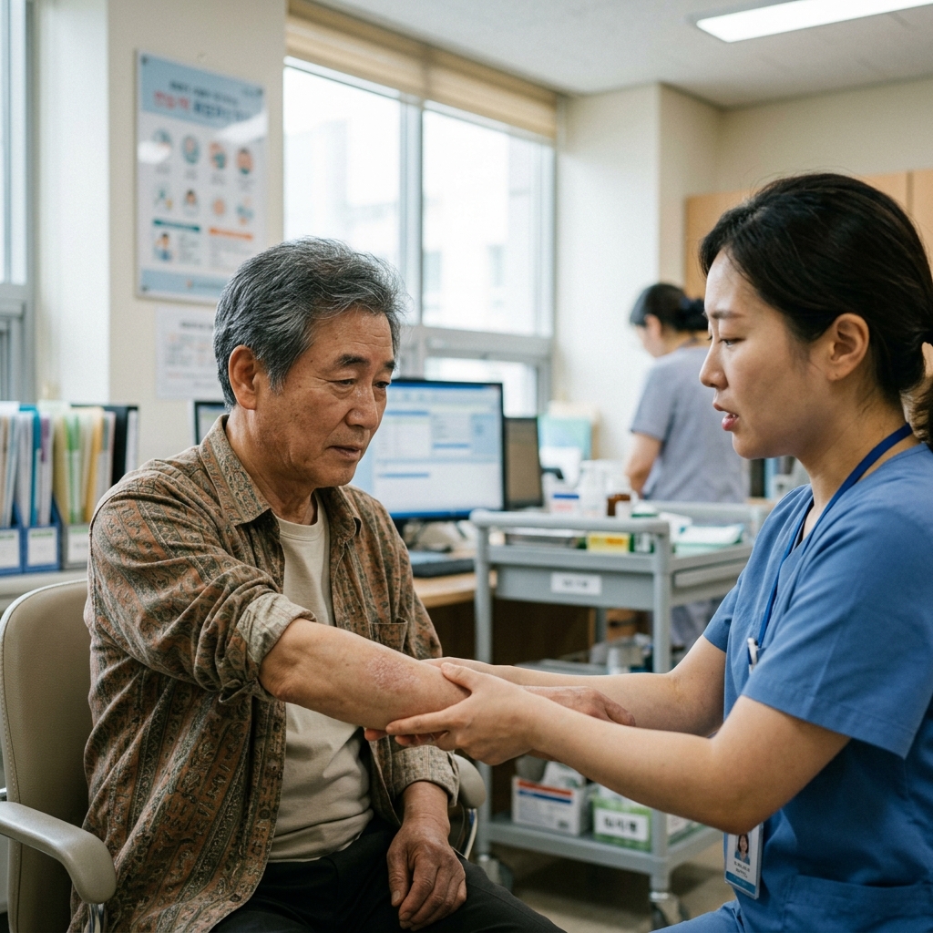 실내 진료실에서 의료진이 60대 중반 남성의 팔 피부 상태를 확인하며 증상 발생 시점을 질문하는 장면