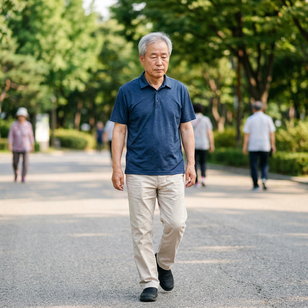 한여름 야외에서 걷고 있지만 피부가 건조한 상태로 이마에 땀이 전혀 보이지 않는 70대 남성의 모습
