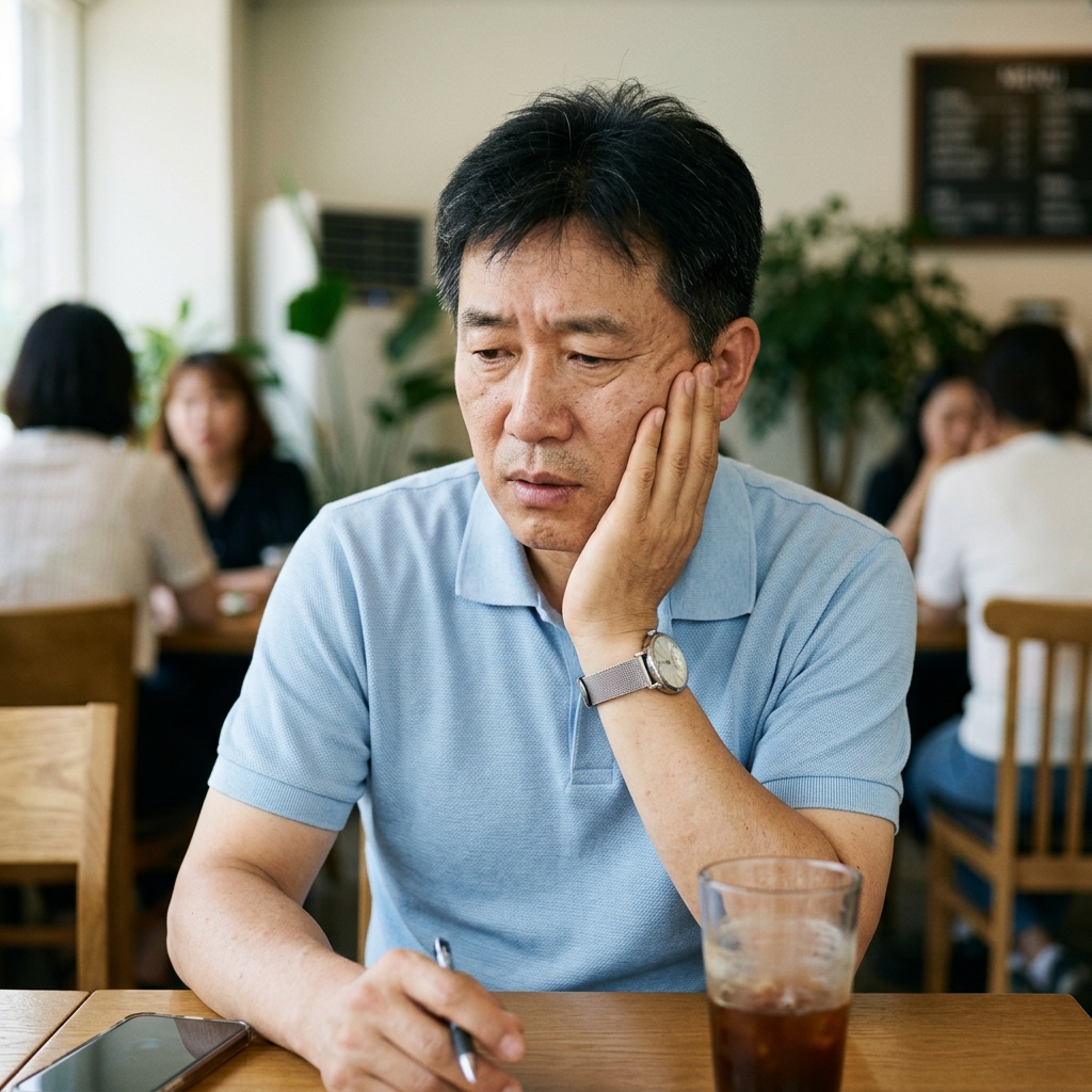 여름 실내에서 한쪽 얼굴을 짚으며 말하기 힘들어하는 50대 중장년 남성의 모습