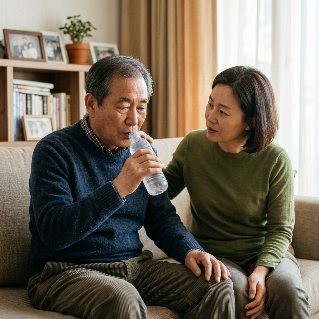 실내 소파에 앉아 물병을 들고 있는 70대 남성과 옆에서 상태를 살피는 중년 여성 보호자