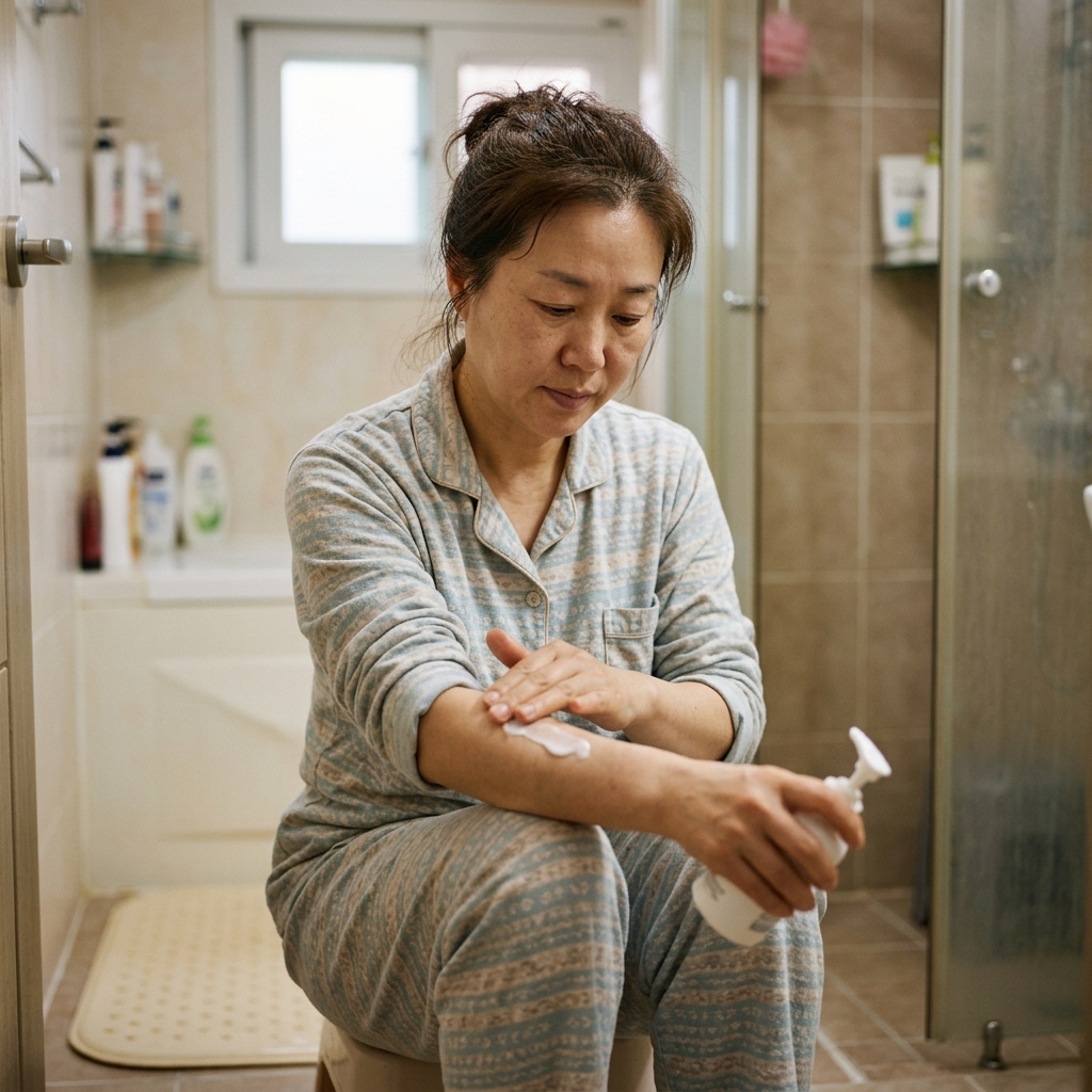 샤워 후 보습제를 바르는 중년 여성