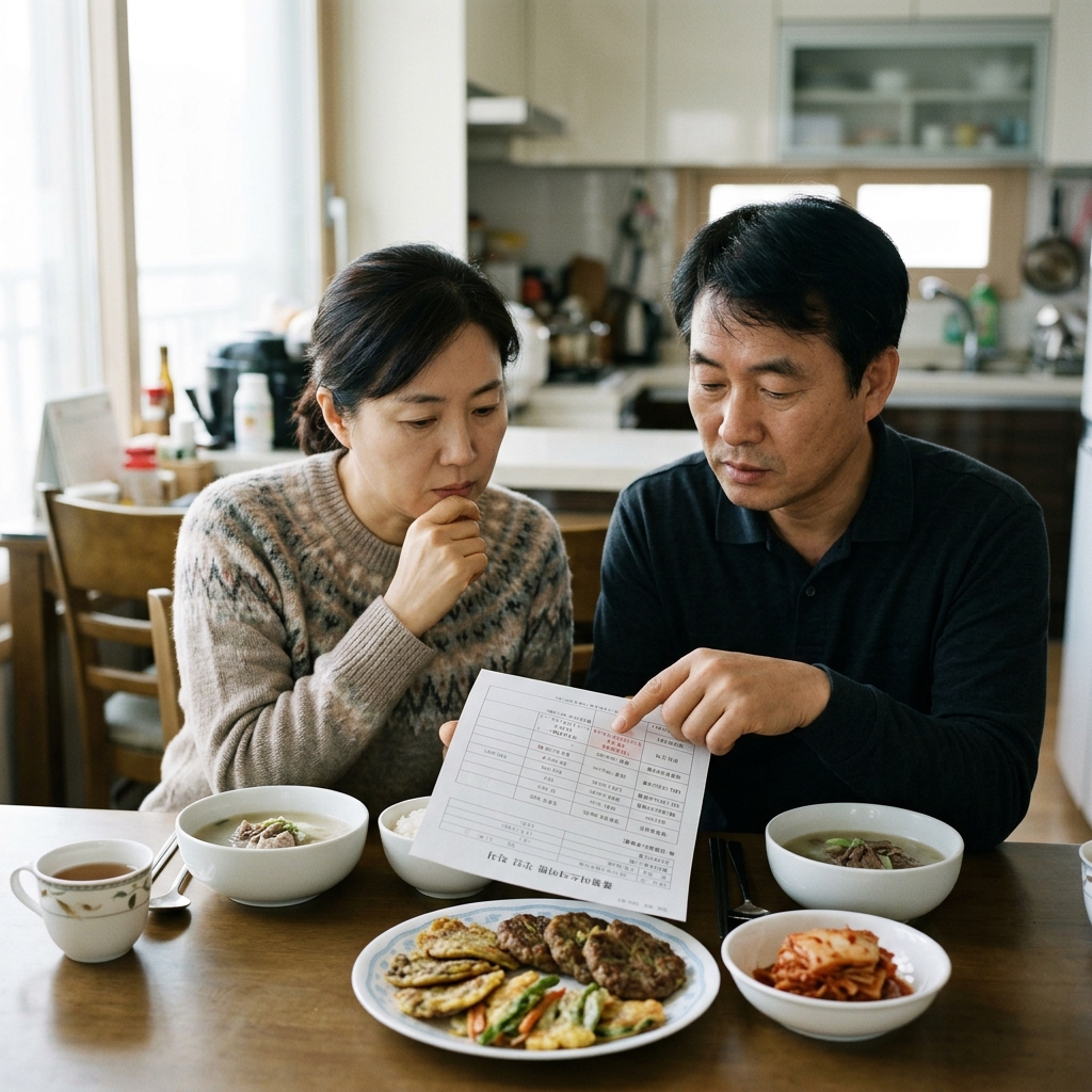 식탁 위에 놓인 고지방 식품과 혈중 콜레스테롤 검사 결과지를 함께 보는 중년의 모습