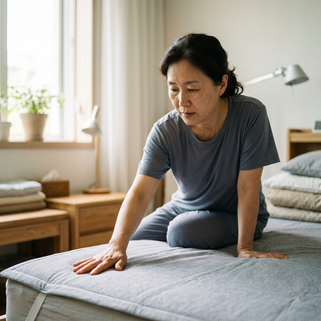 침대 위에 깔린 냉감패드 표면을 손으로 만져보는 중년 여성, 햇살이 부드럽게 들어오는 아침 침실