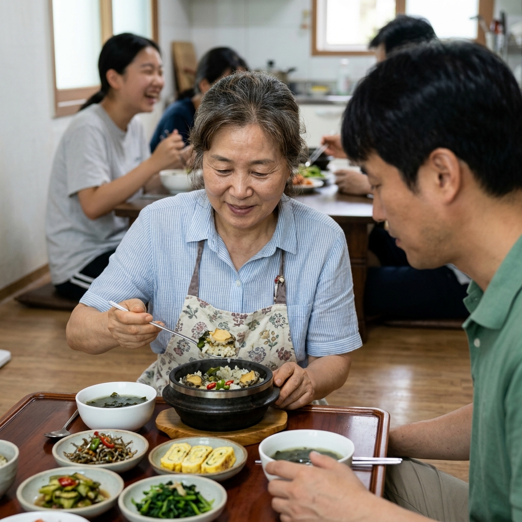 흰 그릇에 담긴 전복솥밥과 반찬들이 놓인 소반, 가벼운 여름 식탁 풍경