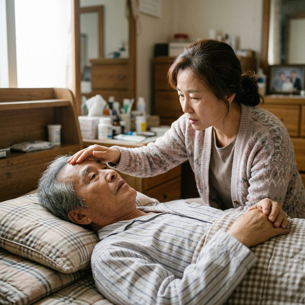 침대에 누워 있는 70대 노인의 이마를 만지며 체온을 확인하는 중년 보호자, 실내 환경