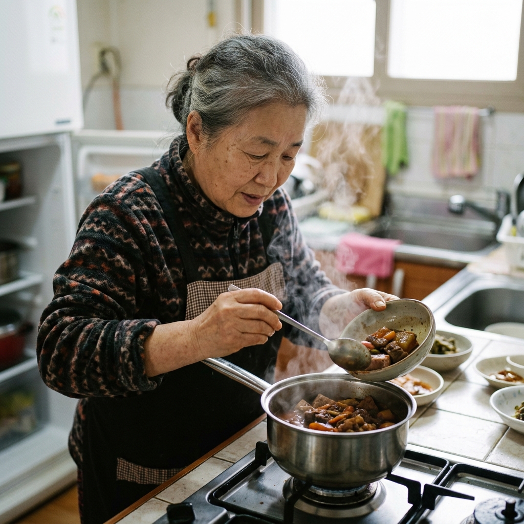 냉장고에서 꺼낸 조림 반찬을 냄비에 옮겨 재가열하는 모습, 끓는 김이 올라오는 장면