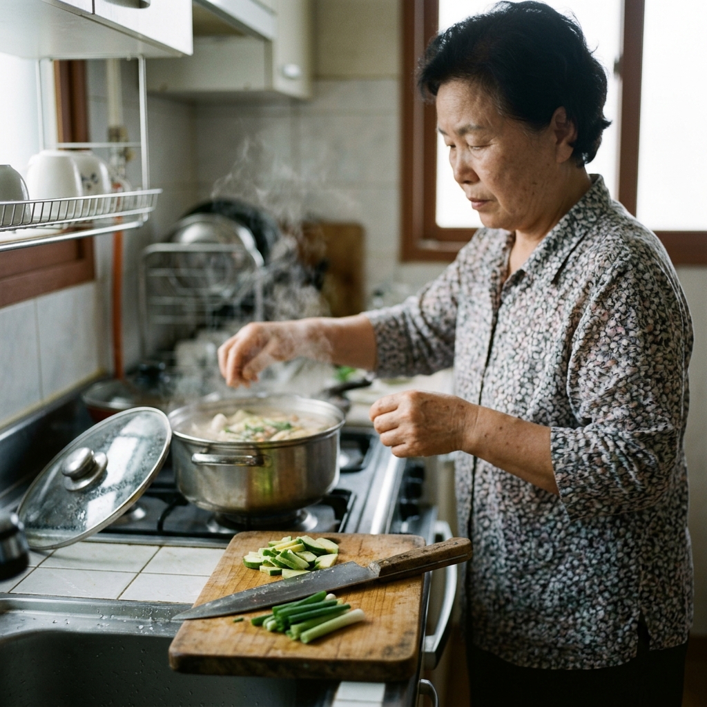 주방 싱크대 위에 칼과 나무 도마가 놓여 있고 뜨거운 물이 담긴 냄비가 보이는 장면