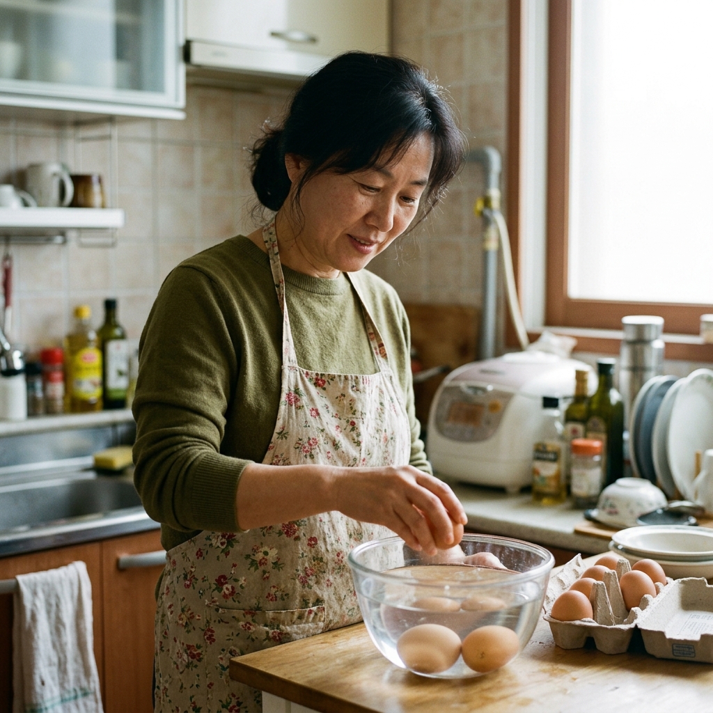 투명한 유리 그릇에 담긴 찬물 속에 계란을 넣어 신선도를 확인하는 실내 주방 장면