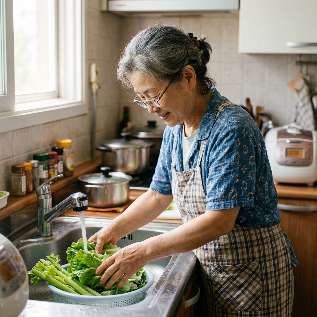 밝은 주방에서 상추와 셀러리를 씻고 있는 70대 한국인 여성의 모습