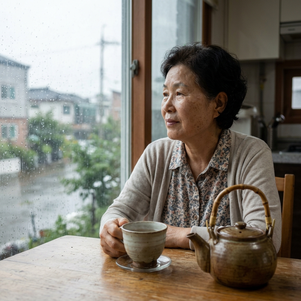 주방 식탁 위에 놓인 미지근한 보리차 주전자와 도자기 찻잔, 창밖으로 비 오는 장마철 풍경이 보이는 실내