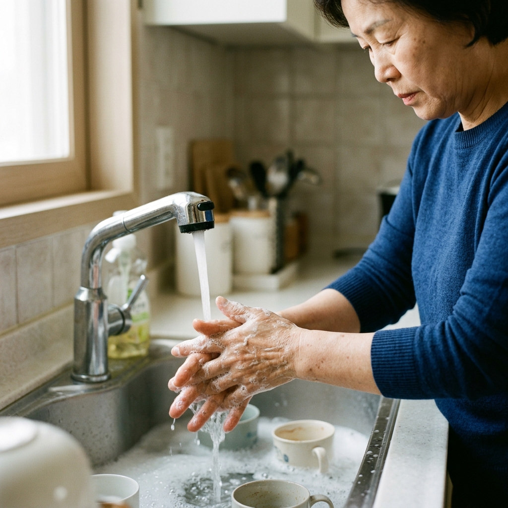 주방 싱크대 앞에서 비누로 손을 씻고 있는 70대 여성의 손 클로즈업, 흐르는 물과 거품이 보이는 장면
