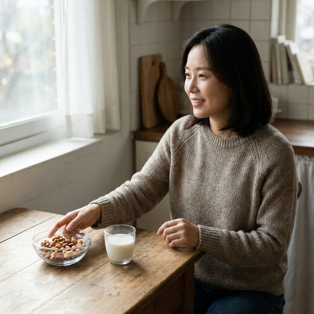 투명한 유리 그릇에 담긴 소량의 견과류와 작은 우유 한 잔, 식탁 위 자연광 아래 놓인 모습