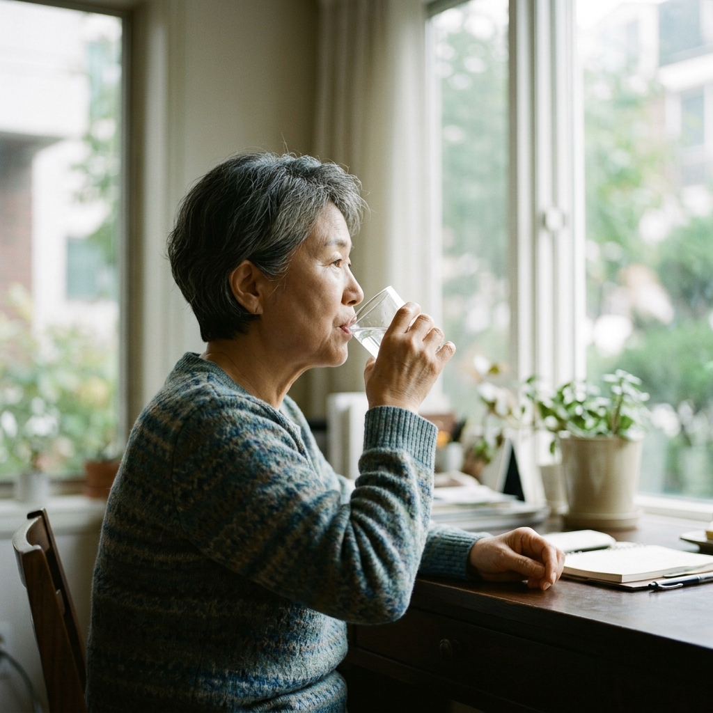 밝은 실내에서 책상 앞에 앉아 투명한 물컵을 들고 조금씩 물을 마시는 70대 한국인 여성의 옆모습, 창가 자연광