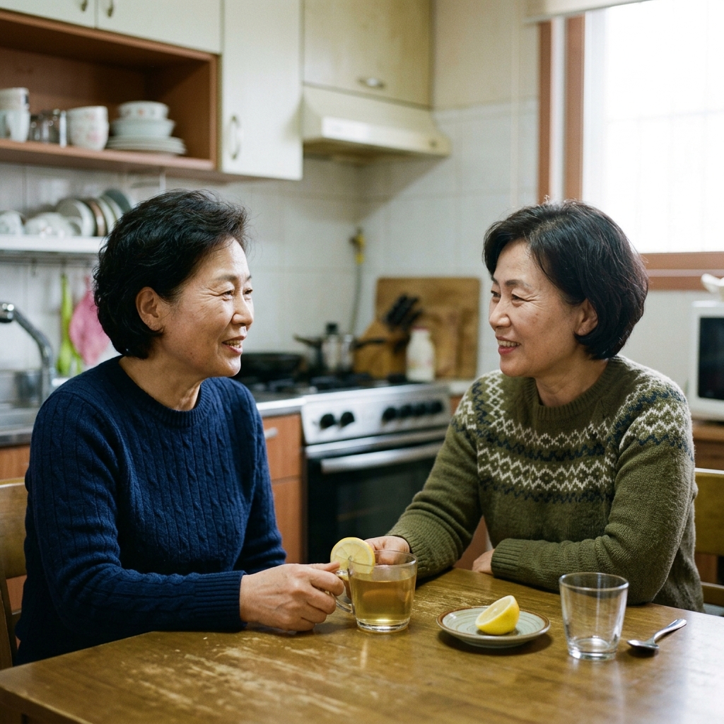 작은 유리컵에 담긴 맑은 보리차와 그 옆에 놓인 레몬 한 조각, 밝은 주방 배경