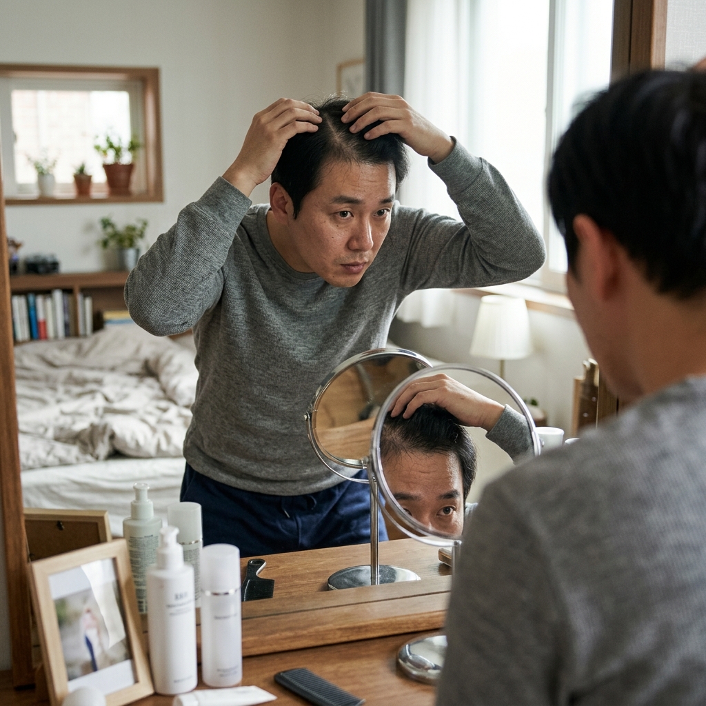 거울을 보며 정수리 탈모 부위를 확인하는 30대 후반 한국인 남성의 모습, 침실 화장대 앞, 자연광
