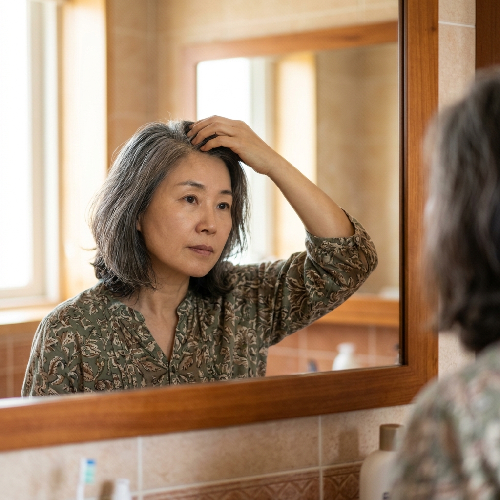 50대 여성이 실내 거울 앞에서 정수리 부근 모발 상태를 손으로 확인하고 있는 모습, 자연광 아래 차분한 표정