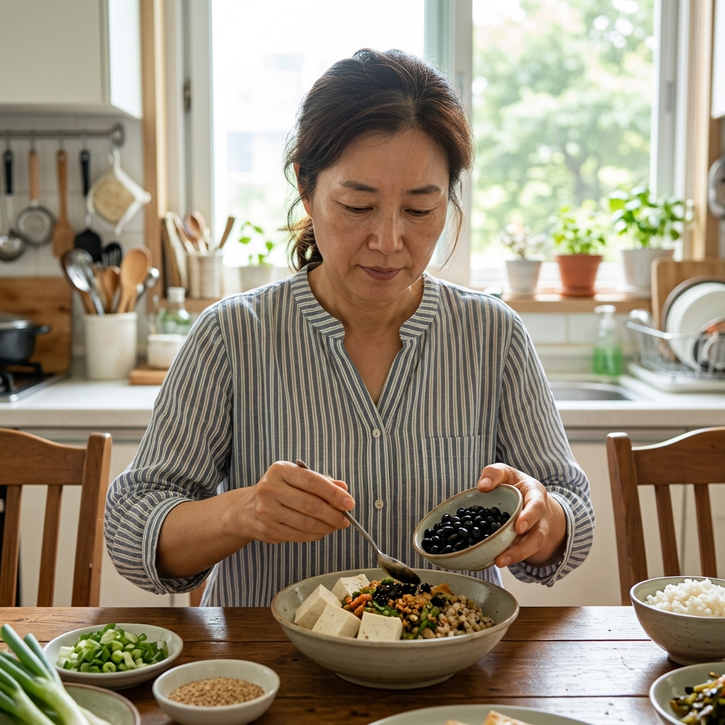 50대 여성이 실내 식탁에서 검정콩과 두부가 담긴 식사를 준비하고 있는 모습, 밝은 자연광