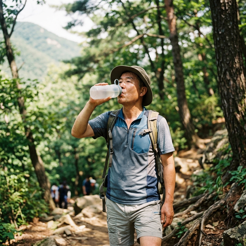 여름 산길을 오르며 물통을 꺼내 물을 마시는 중장년 등산객의 모습, 햇살 아래 땀이 맺힌 이마와 시원한 물을 마시는 장면