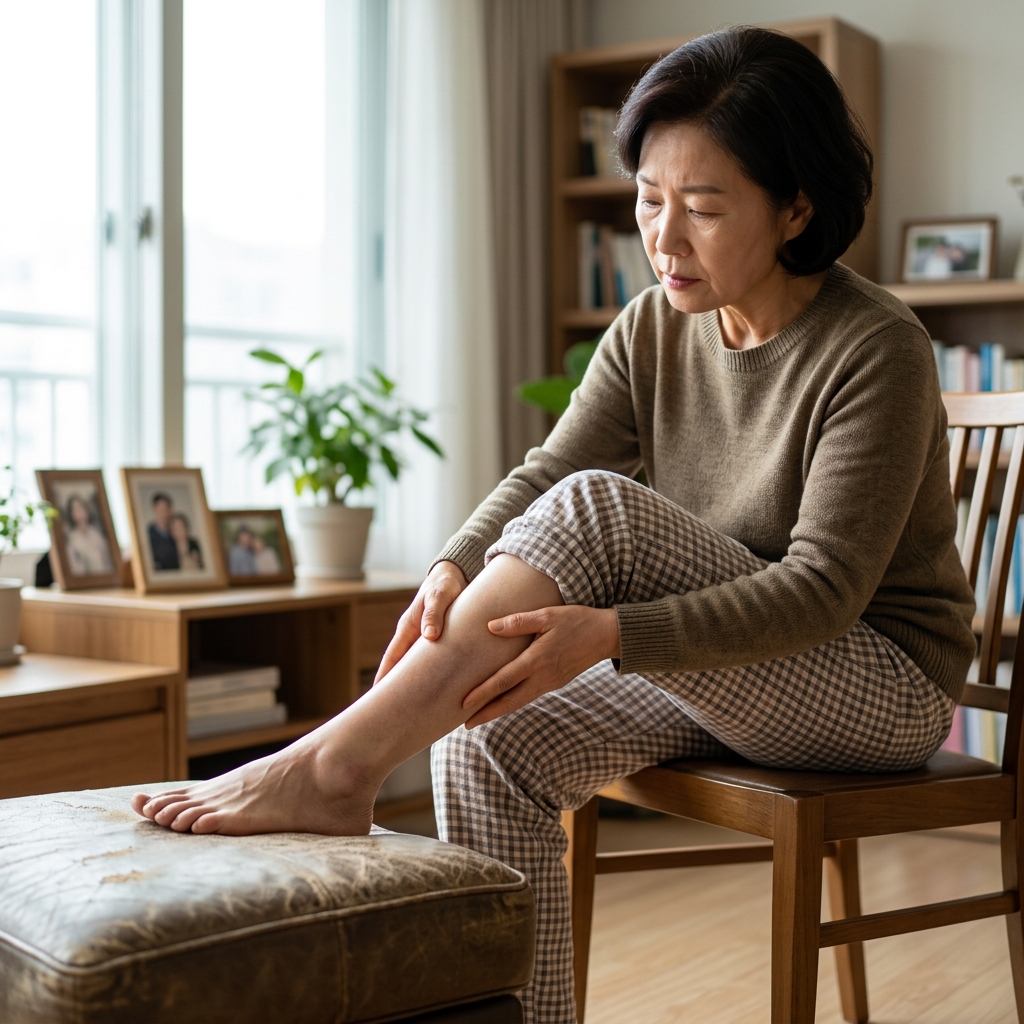 한쪽 다리를 올려놓고 종아리 부종과 피부 색을 확인하는 60대 여성, 실내 밝은 조명