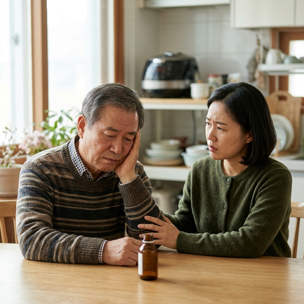 70대 남성이 식탁에서 작은 병에 담긴 흑염소 진액을 앞에 두고 손으로 이마를 짚으며 불편한 표정을 짓고 있고, 옆에 앉은 딸이 걱정스럽게 아버지를 바라보는 장면, 실내 조명 아래 따뜻한 톤
