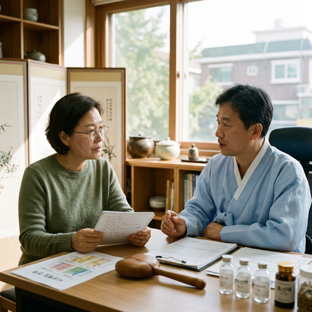 50대 여성이 병원 진료실에서 한의사와 마주 앉아 상담하며 메모를 확인하는 장면, 책상 위에 체질 자료와 흑염소 진액 빈 병이 놓여 있고 창밖으로 자연광이 들어오는 실내