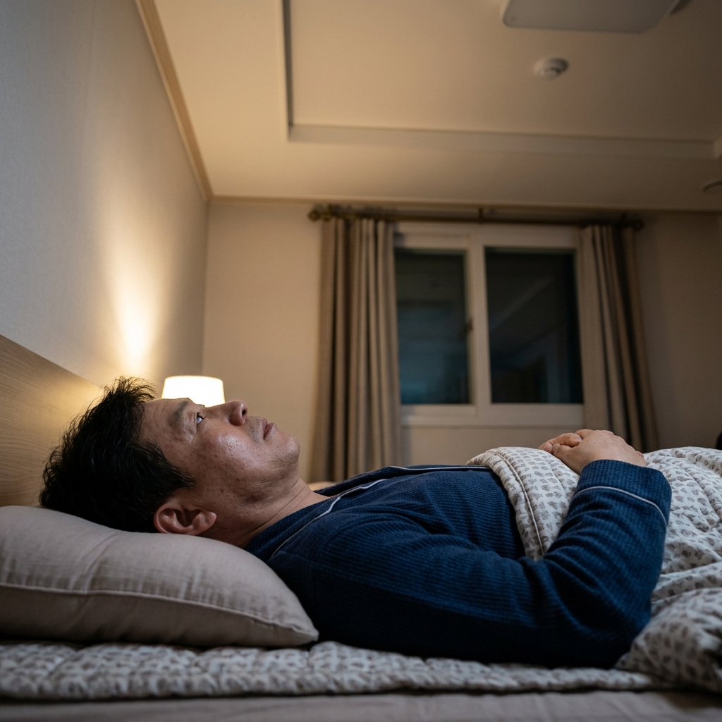 침대에 누워 천장을 바라보며 잠들지 못하는 50대 한국인의 모습, 간접 조명