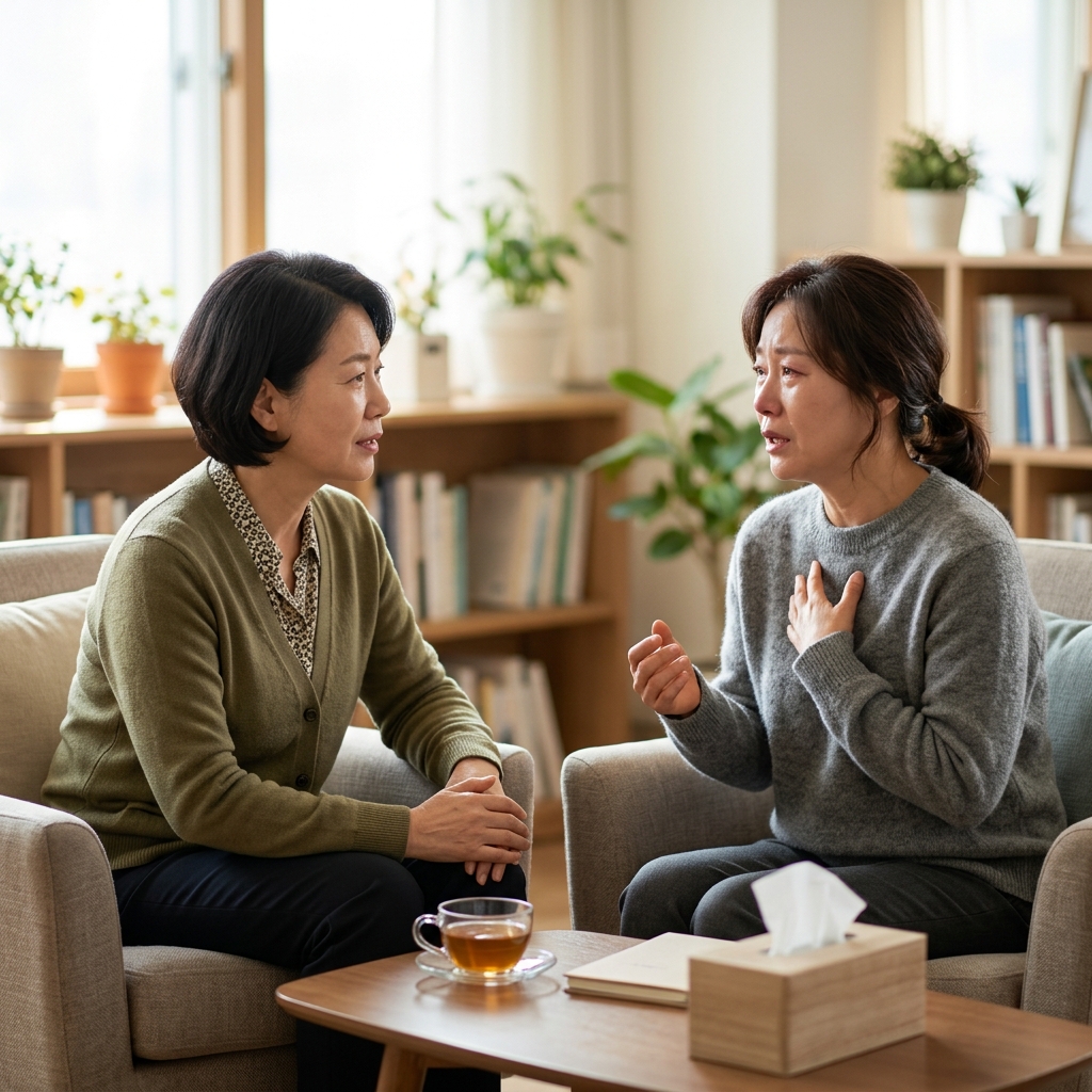 상담실에서 진지하게 대화 중인 중년 내담자와 상담자의 모습, 실내 자연광