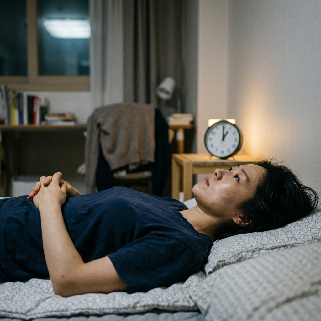침대에 누워 천장을 바라보며 잠들지 못하는 30대 직장인의 모습, 어두운 침실 배경, 시계가 새벽 1시를 가리키는 장면