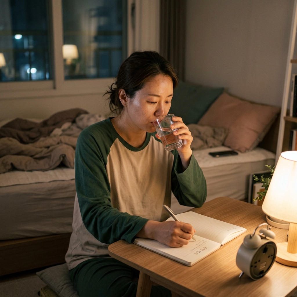 침실에서 책상 위 수면 일지를 작성하며 물을 마시는 30대 직장인, 스마트폰은 멀리 두고 차분한 조명