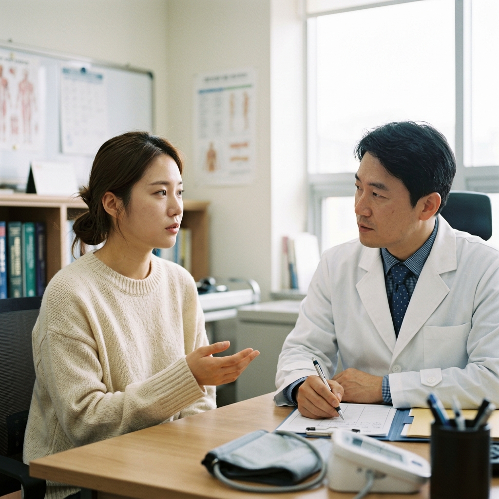 상담실에서 전문의와 마주 앉아 증상을 설명하는 젊은 여성과 기록하는 의사