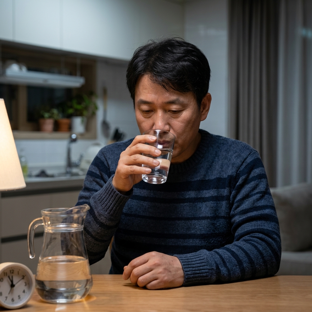 식탁 위에 물병과 시계가 놓여 있고, 늦은 밤 야식 대신 물을 마시는 중년 성인의 손 모습