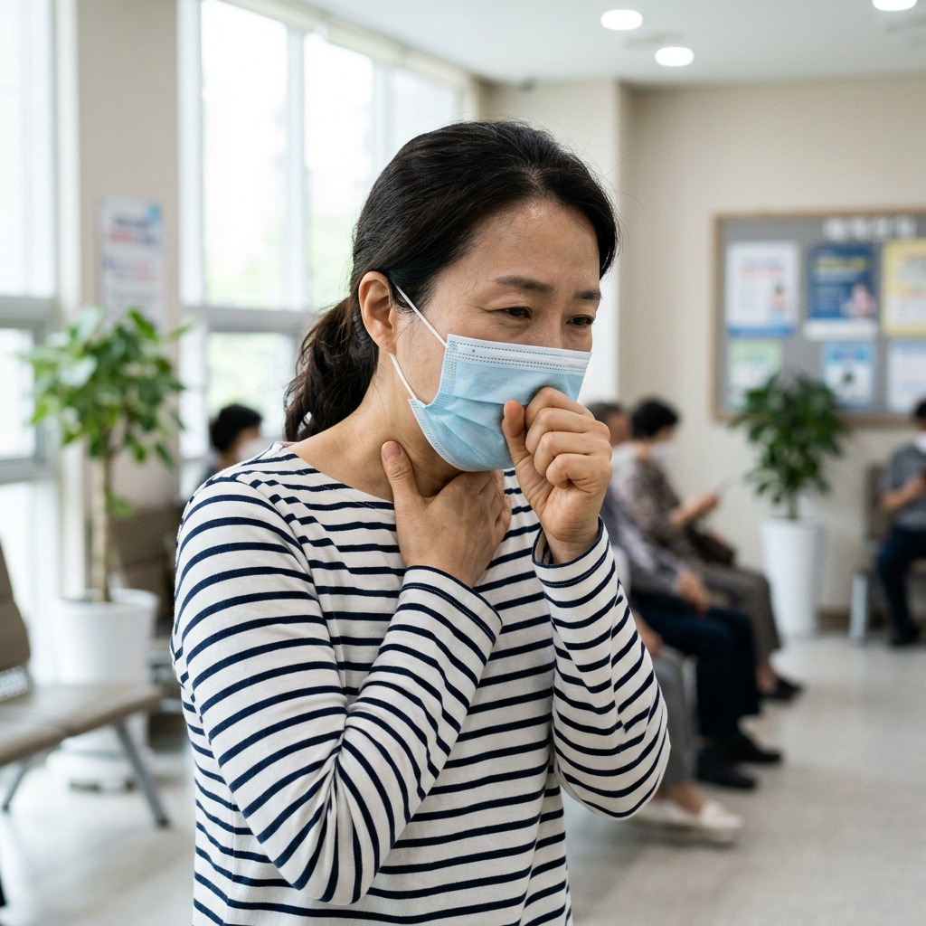 마스크를 착용한 채 기침하며 목을 감싸 쥐고 있는 40대 성인, 밝은 실내 배경, 얇은 긴팔 셔츠 차림