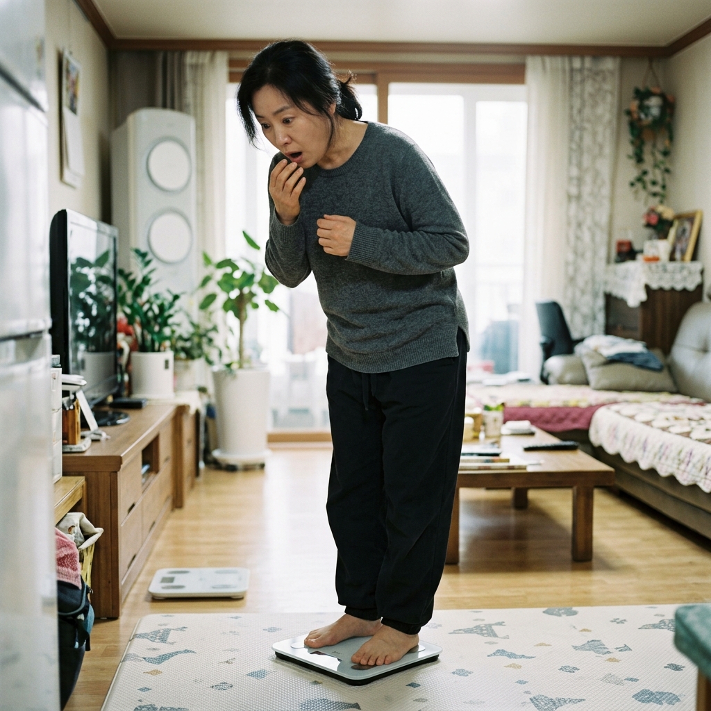 집 거실에서 체중계 위에 올라선 중년 여성이 놀란 표정으로 몸무게를 확인하는 모습