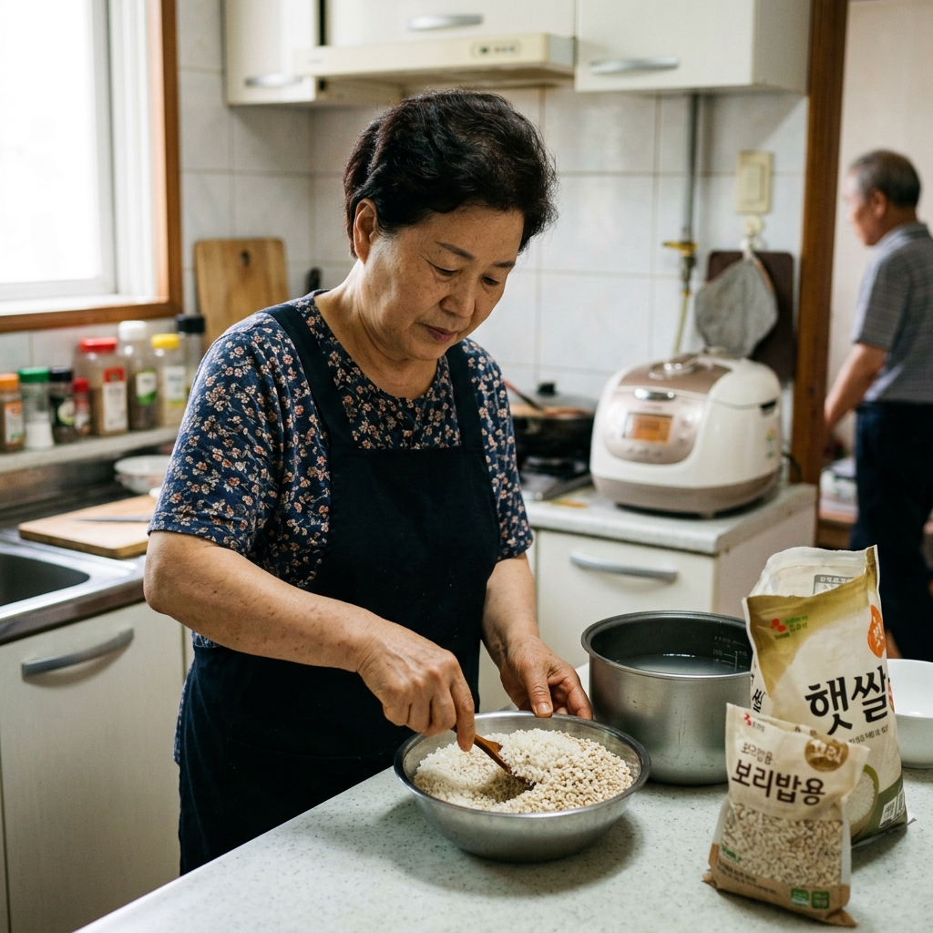 밥솥에 쌀과 보리를 섞어 안치고 있는 주방 장면