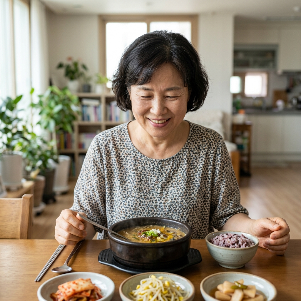 50대 후반 여성이 식탁에서 추어탕을 앞에 두고 미소 짓는 모습, 여름철 밝은 실내
