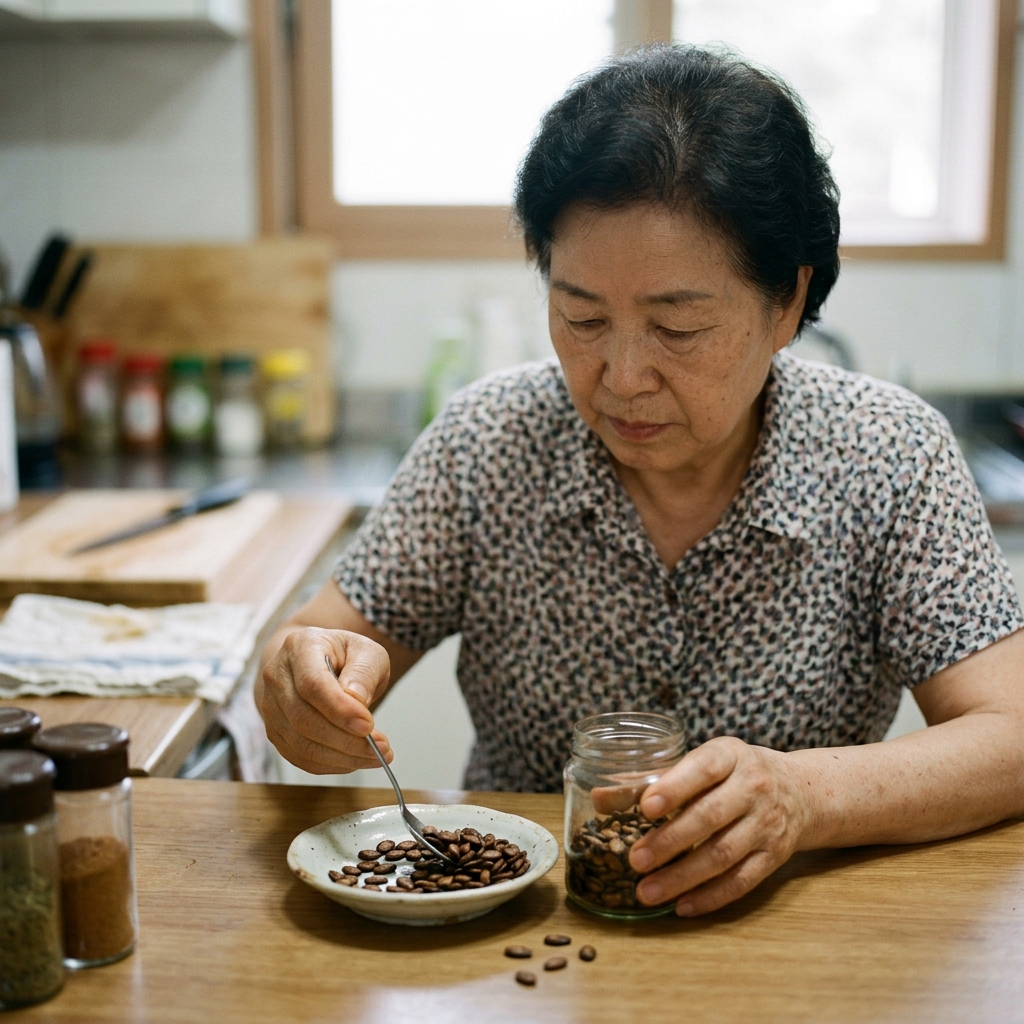 볶은 수박씨를 작은 접시에 담아놓은 모습, 주방 조리대, 자연광
