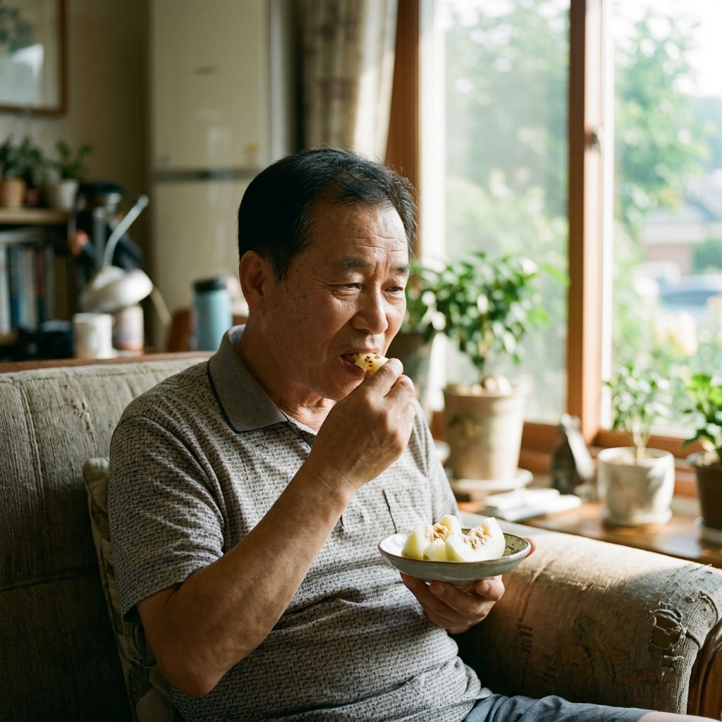 60대 남성이 거실 소파에 앉아 작은 접시에 담긴 참외 조각을 씨까지 함께 먹고 있는 모습, 창밖으로 여름 햇빛이 들어온다