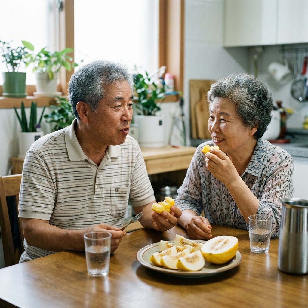 70대 부부가 식탁에서 참외를 씨까지 함께 먹으며 대화하는 모습, 테이블 위에 참외 반쪽과 물잔이 놓여 있다