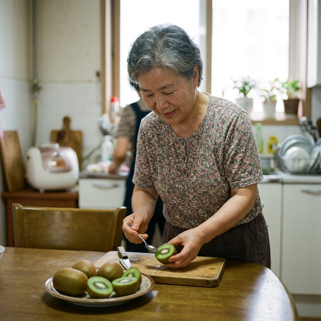 실내 테이블 위에 반으로 자른 그린키위와 통 키위가 놓여 있고, 자연광이 들어오는 주방 배경